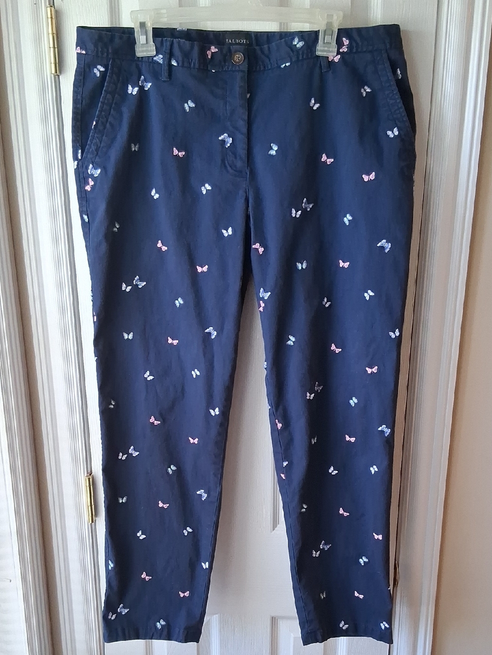 Talbots Navy Blue Chino Pants with Pink & Light Blue Butterfly Print